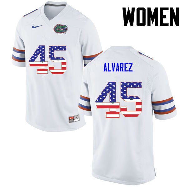 Florida Gators Women #45 Carlos Alvarez College Football USA Flag Fashion White
